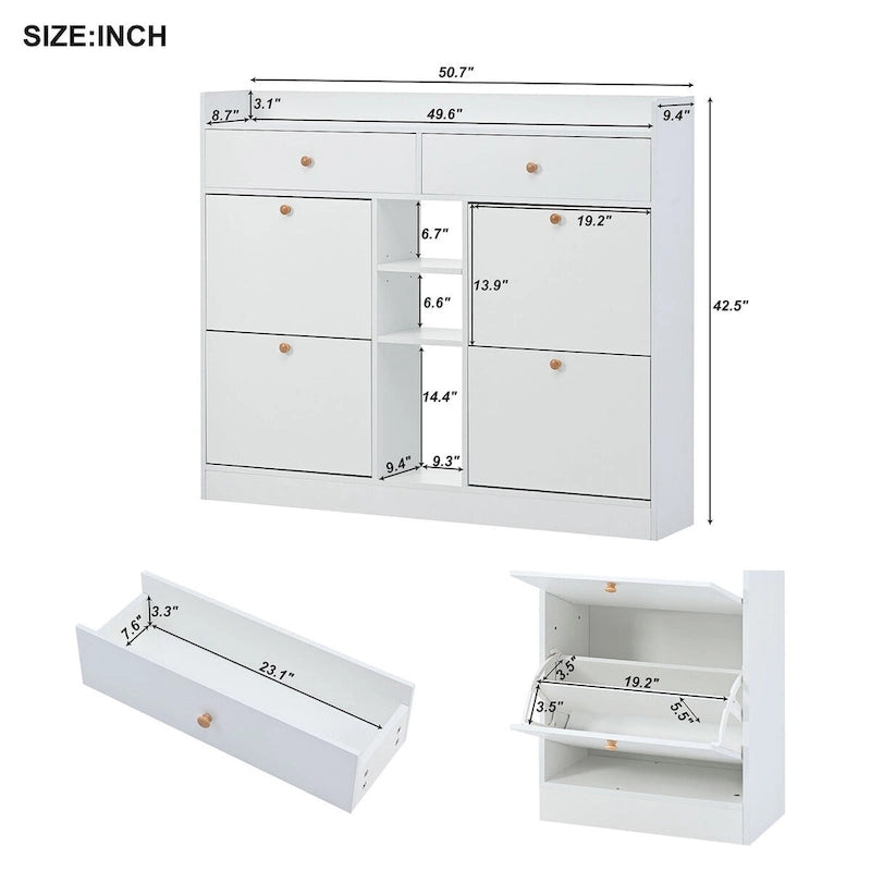 2-Tier Shoe Rack Cabinet with 4 Flip Drawers White Free Standing Storage Organizer 50.7W x 42.5H Modern Minimalist