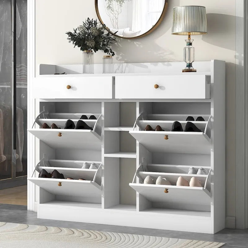 2-Tier Shoe Rack Cabinet with 4 Flip Drawers White Free Standing Storage Organizer 50.7W x 42.5H Modern Minimalist