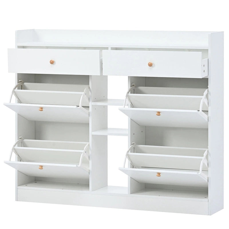 2-Tier Shoe Rack Cabinet with 4 Flip Drawers White Free Standing Storage Organizer 50.7W x 42.5H Modern Minimalist