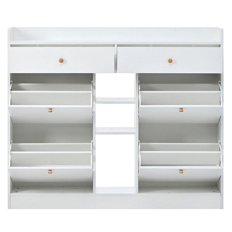 2-Tier Shoe Rack Cabinet with 4 Flip Drawers White Free Standing Storage Organizer 50.7W x 42.5H Modern Minimalist