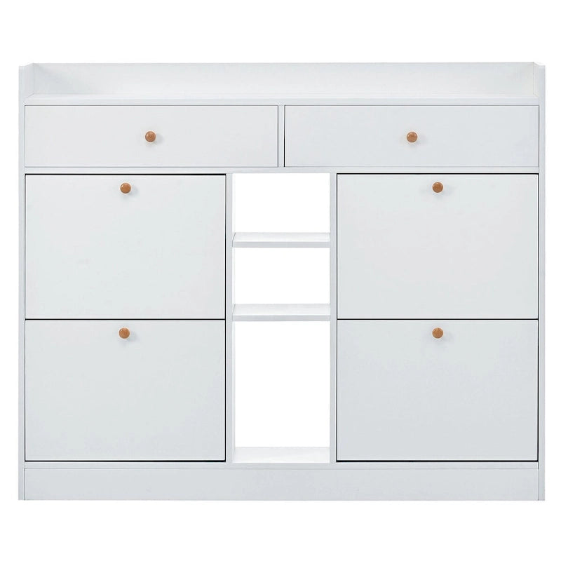 2-Tier Shoe Rack Cabinet with 4 Flip Drawers White Free Standing Storage Organizer 50.7W x 42.5H Modern Minimalist