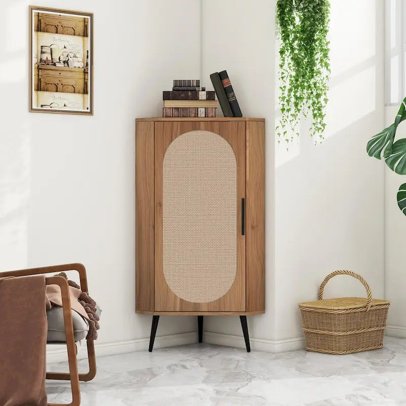 Corner cabinet ,Rattan door,Freestanding Corner Tables For Small Spaces,Corner Shelf Stand For Living Room,Kitchen,Bathroom