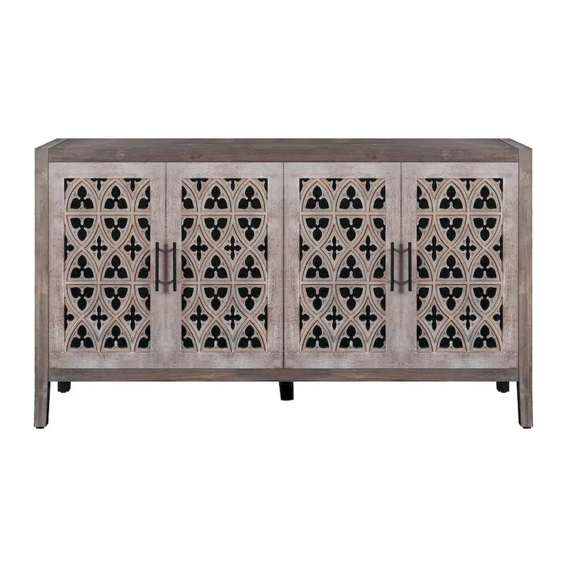 Hollow Four Door Storage Cabinet - Country Style Antique Pine Veneer MDF Sideboard with Adjustable Shelves