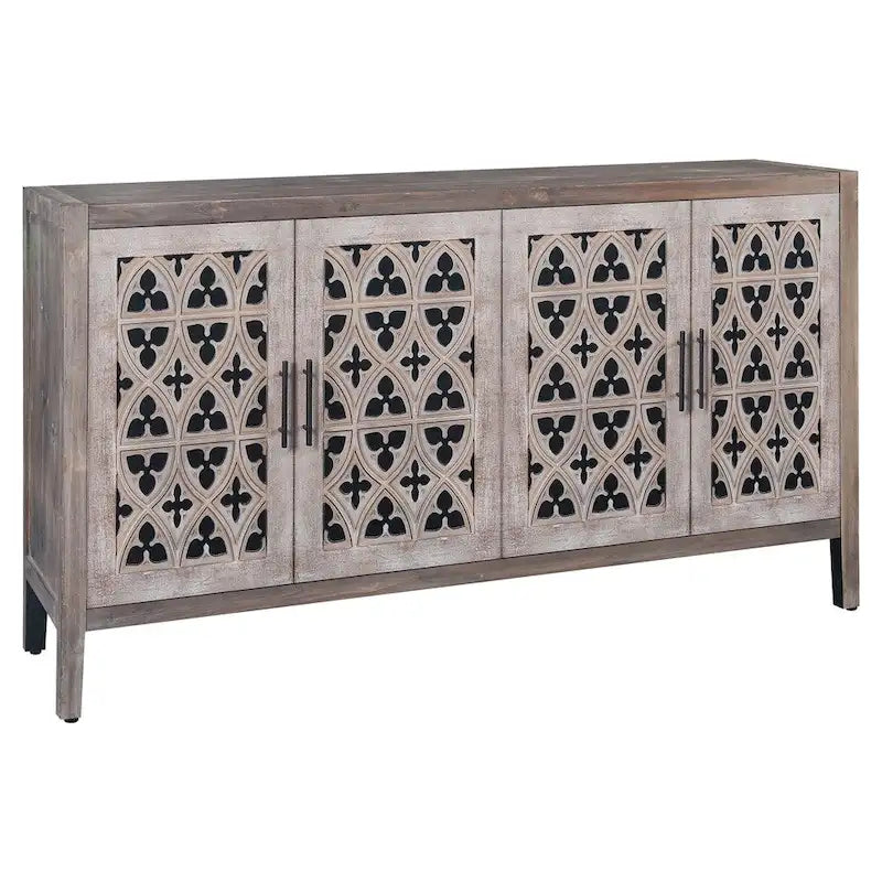 Hollow Four Door Storage Cabinet - Country Style Antique Pine Veneer MDF Sideboard with Adjustable Shelves