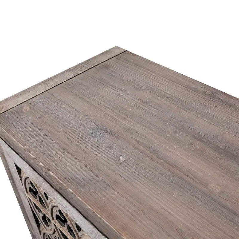 Hollow Four Door Storage Cabinet - Country Style Antique Pine Veneer MDF Sideboard with Adjustable Shelves