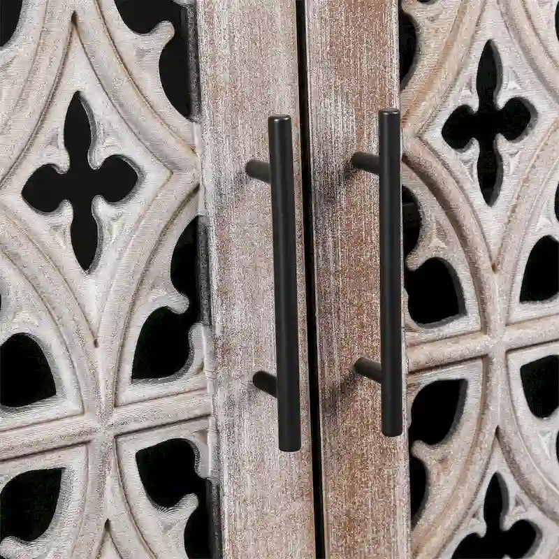 Hollow Four Door Storage Cabinet - Country Style Antique Pine Veneer MDF Sideboard with Adjustable Shelves