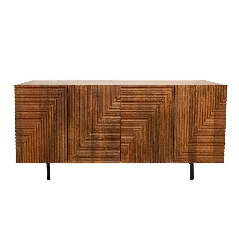 Sagebrook Home Elegant Wood 4-Door Fluteboard Cabinet in Rich Brown, Durable Metal and Wood Materials - 63.0  x 17.7  x 29.5