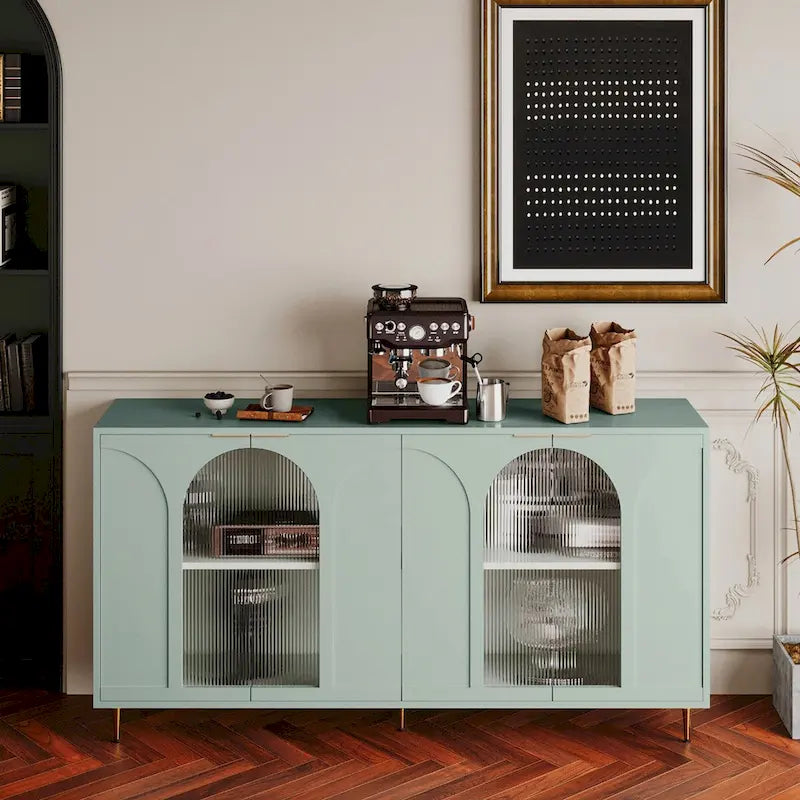 Cabinet Lacquered Cabinet with 4 Glass Doors Sideboard Buffet Server Cabinet Storage Cabinet, for Living Room, Mint Green