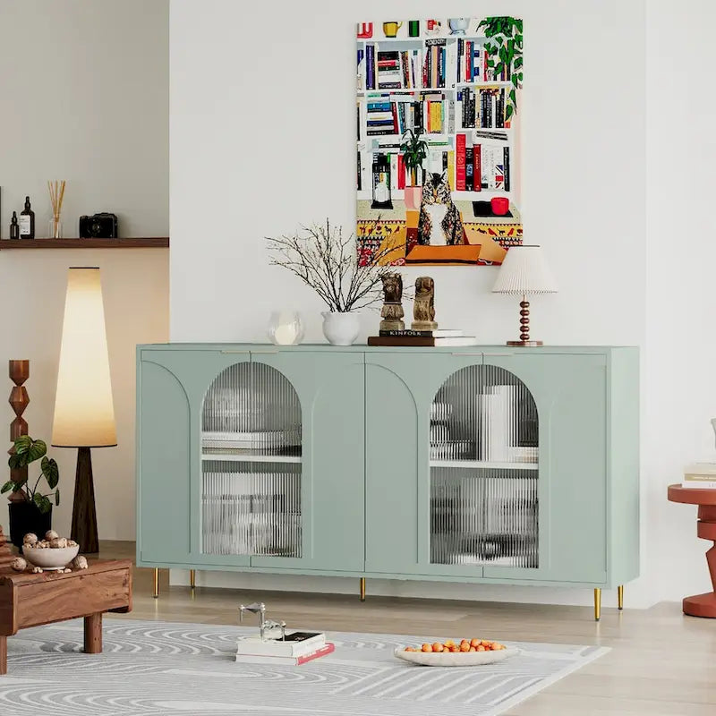 Cabinet Lacquered Cabinet with 4 Glass Doors Sideboard Buffet Server Cabinet Storage Cabinet, for Living Room, Mint Green