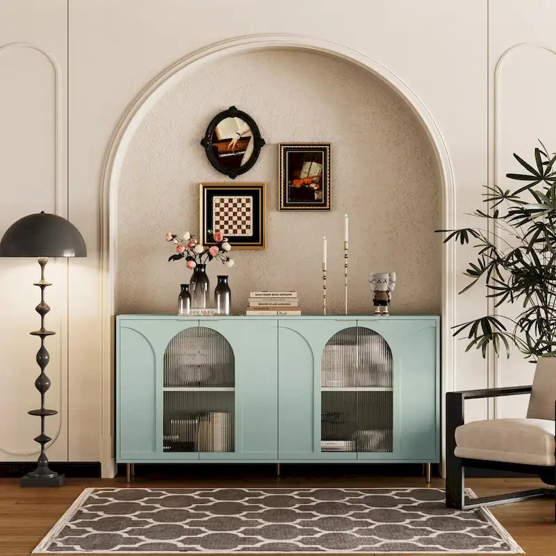 Cabinet Lacquered Cabinet with 4 Glass Doors Sideboard Buffet Server Cabinet Storage Cabinet, for Living Room, Mint Green