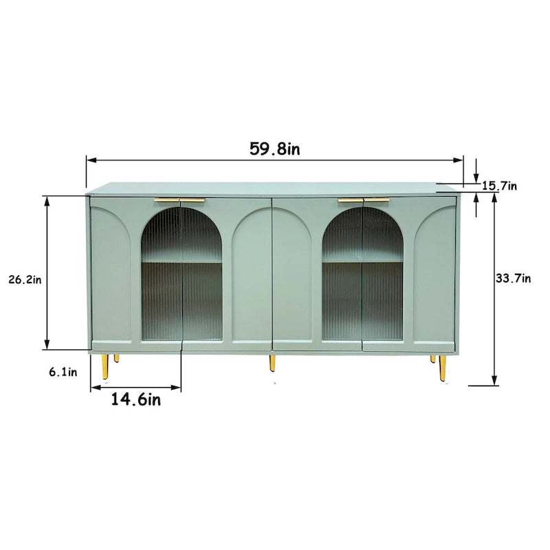 Cabinet Lacquered Cabinet with 4 Glass Doors Sideboard Buffet Server Cabinet Storage Cabinet, for Living Room, Mint Green