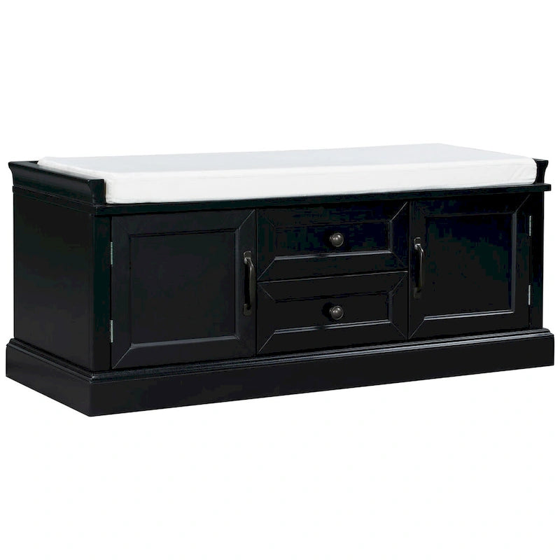 Storage Bench with 2 Drawers and 2 Cabinets, Shoe Bench with Removable Cushion for Living Room, Entryway (Black)