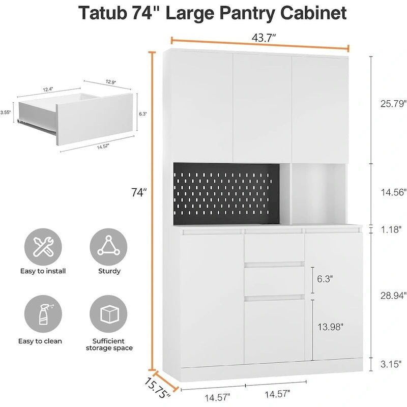 74  Freestanding Kitchen Pantry Cabinet Cupboard with 6 Doors,3 Shelves and 2 Drawer,Versatile Wardrobe & Kitchen Cabinet