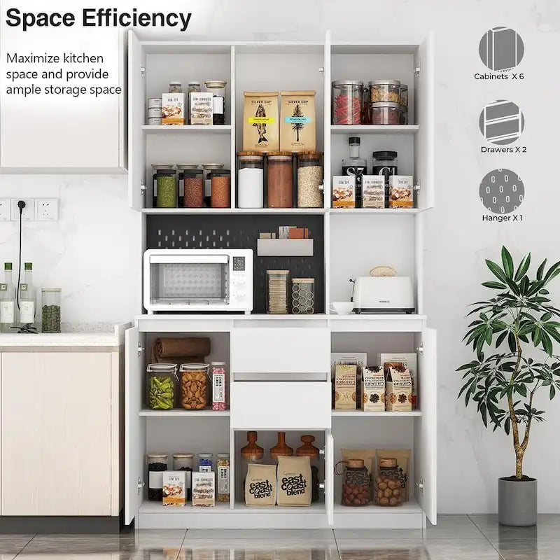 74  Freestanding Kitchen Pantry Cabinet Cupboard with 6 Doors,3 Shelves and 2 Drawer,Versatile Wardrobe & Kitchen Cabinet