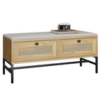 Rattan Entryway Storage Bench with 2 Drawers - 39.3" Wide Shoe Organizer with Cushioned Seat, Wood Grain Finish, 330 lbs Capacity