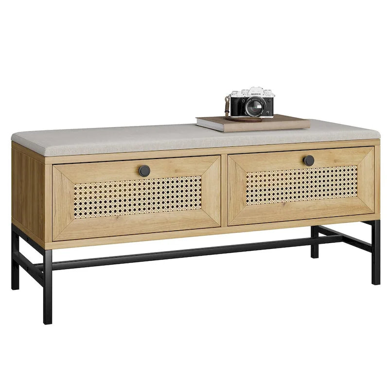 Rattan Entryway Storage Bench with 2 Drawers - 39.3" Wide Shoe Organizer with Cushioned Seat, Wood Grain Finish, 330 lbs Capacity