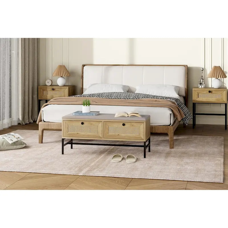 Rattan Entryway Storage Bench with 2 Drawers - 39.3" Wide Shoe Organizer with Cushioned Seat, Wood Grain Finish, 330 lbs Capacity