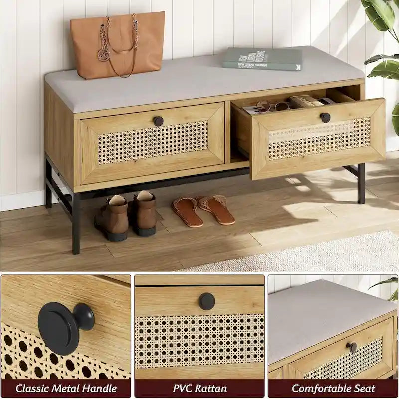 Rattan Entryway Storage Bench with 2 Drawers - 39.3" Wide Shoe Organizer with Cushioned Seat, Wood Grain Finish, 330 lbs Capacity