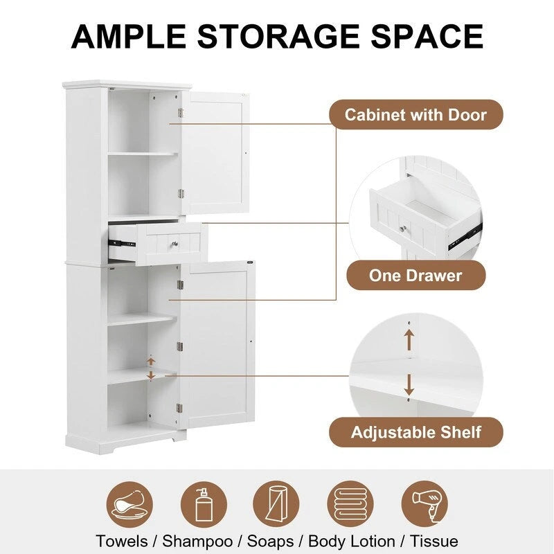 Tall Bathroom Storage Cabinet with Drawer and Adjustable Shelf