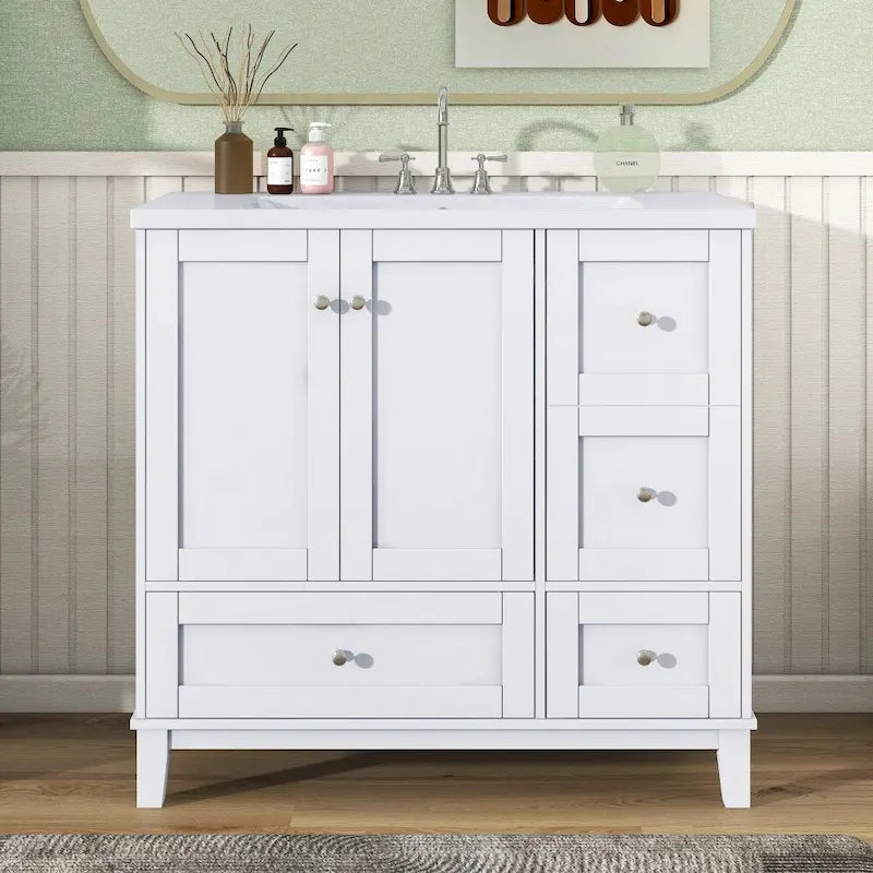 36 Inch Bathroom Vanity with USB Charging, Resin Sink, Solid Wood Frame, 3 Drawers Storage