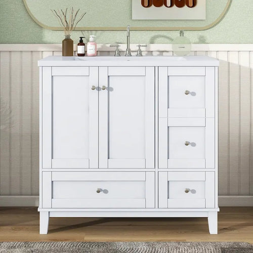36 Inch Bathroom Vanity with USB Charging, Resin Sink, Solid Wood Frame, 3 Drawers Storage