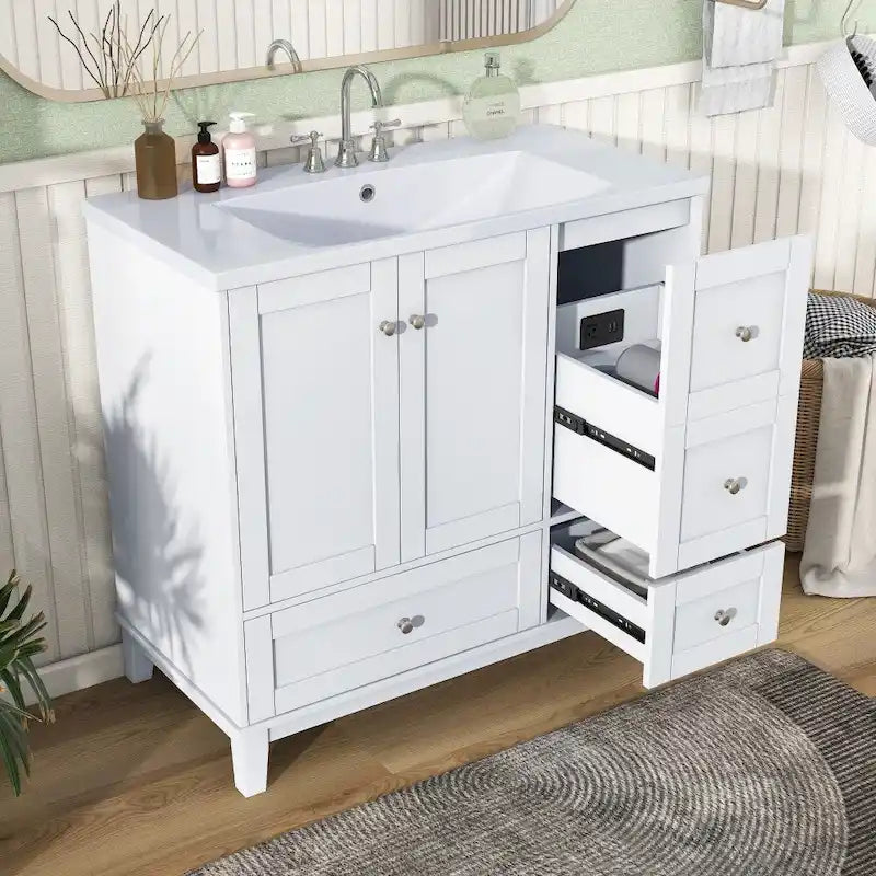 36 Inch Bathroom Vanity with USB Charging, Resin Sink, Solid Wood Frame, 3 Drawers Storage