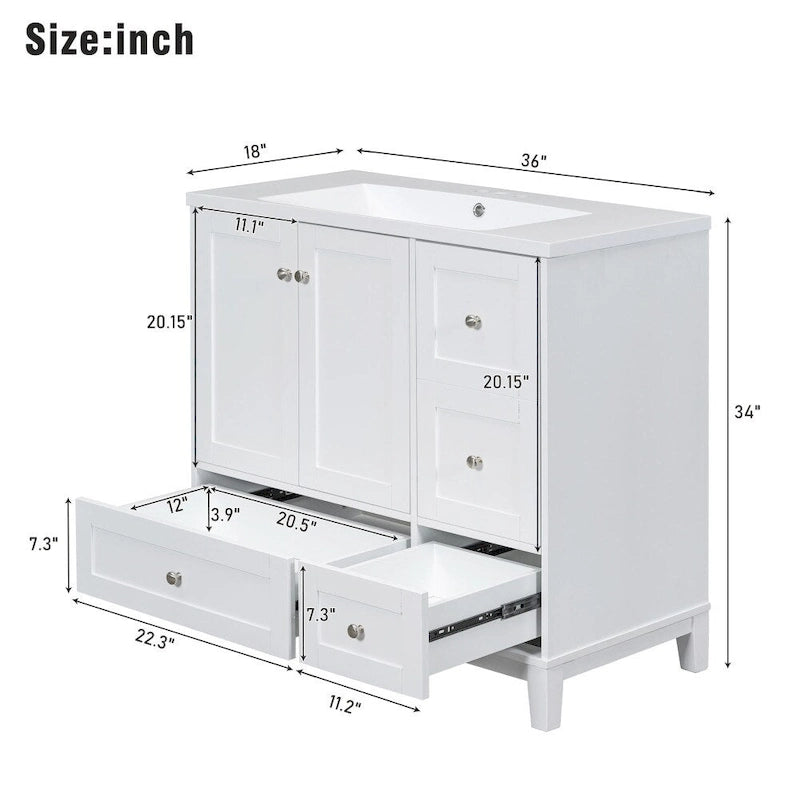36 Inch Bathroom Vanity with USB Charging, Resin Sink, Solid Wood Frame, 3 Drawers Storage