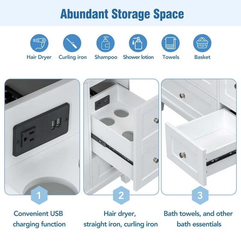 36 Inch Bathroom Vanity with USB Charging, Resin Sink, Solid Wood Frame, 3 Drawers Storage