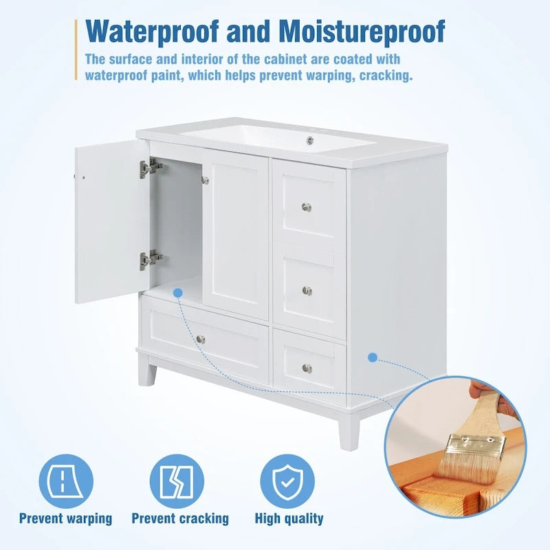 36 Inch Bathroom Vanity with USB Charging, Resin Sink, Solid Wood Frame, 3 Drawers Storage