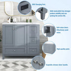 36 Inch Bathroom Vanity with USB Charging, Resin Sink, Solid Wood Frame, 3 Drawers Storage