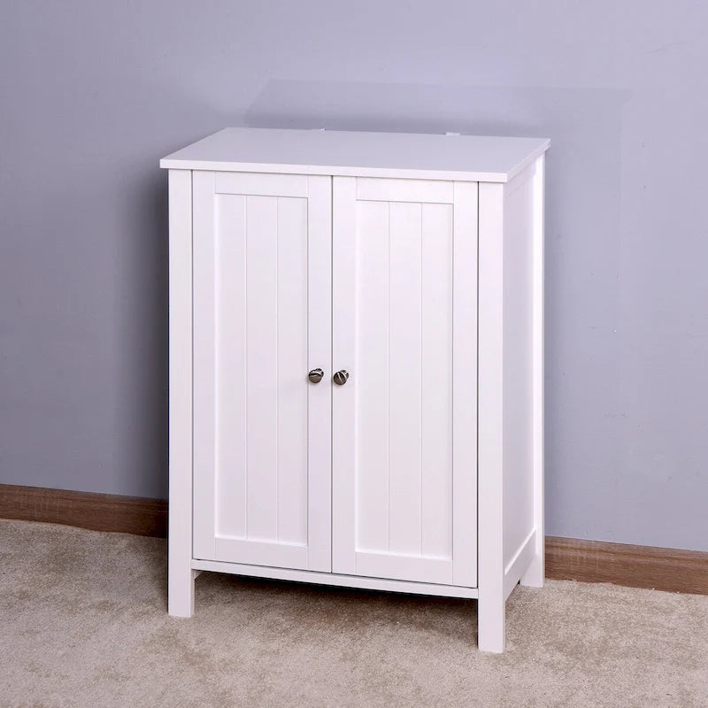 Bathroom Floor Storage Cabinet with Double Door Adjustable Shelf, White