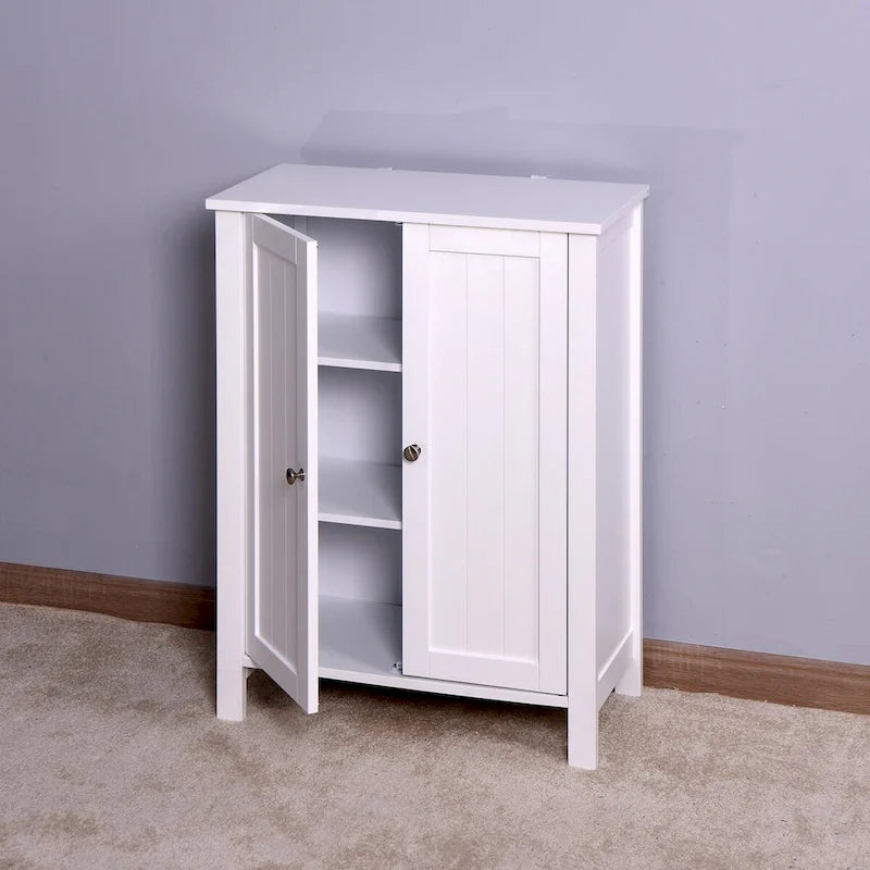 Bathroom Floor Storage Cabinet with Double Door Adjustable Shelf, White