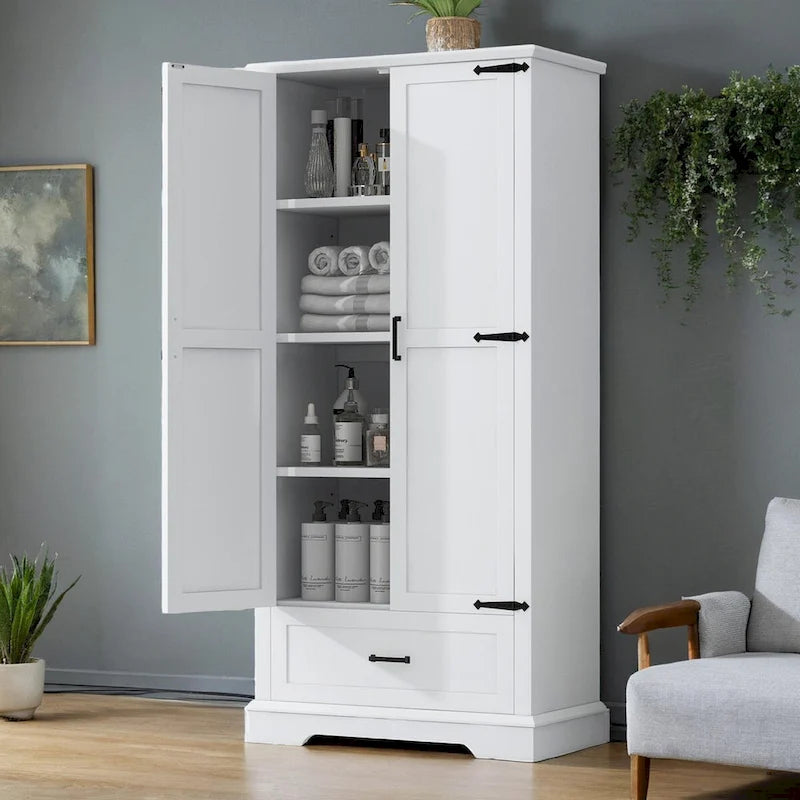 Tall Bathroom Storage Cabinet, Cabinet with Two Doors and One Drawer, Adjustable Shelf, MDF Board, White