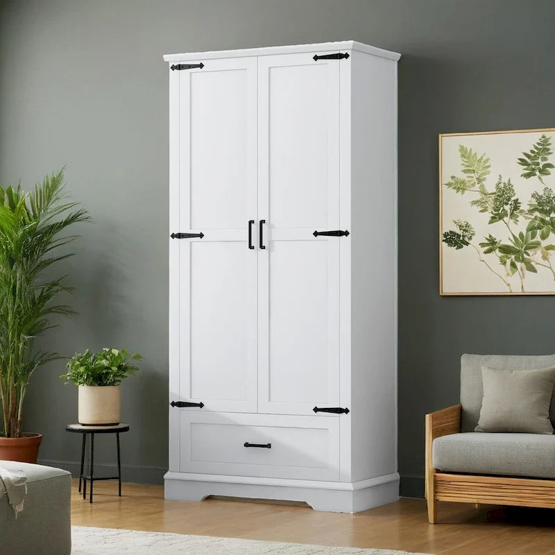 White Bathroom Storage Cabinet with 2 Doors 1 Drawer - Tall MDF Adjustable Shelf Organizer
