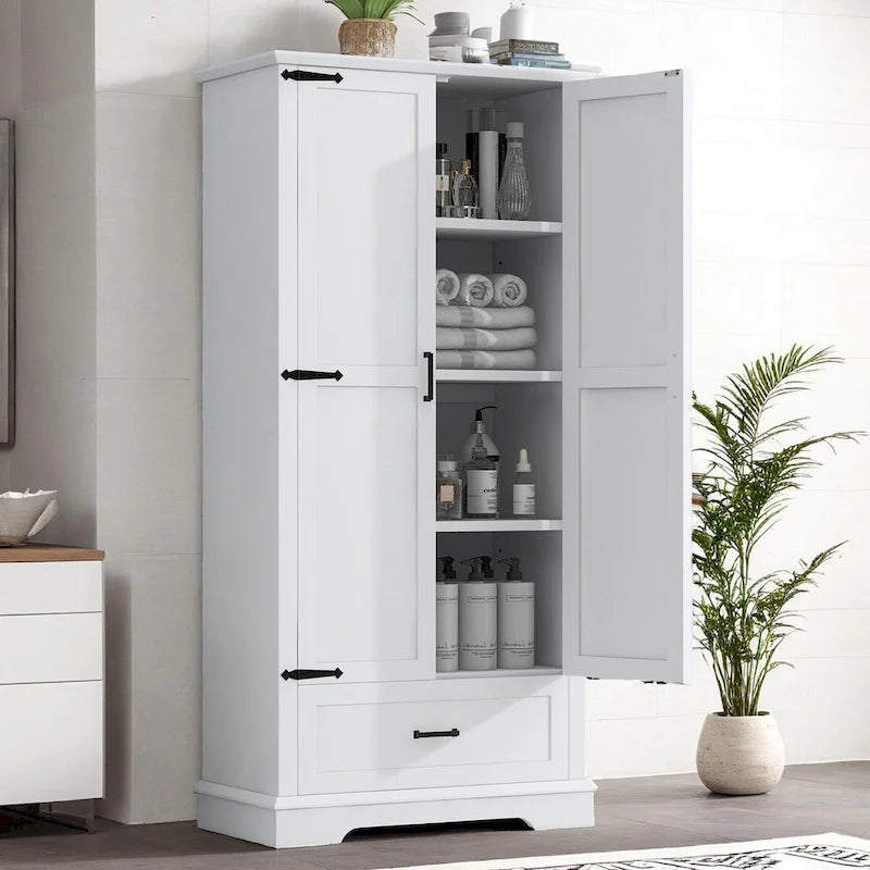 White Bathroom Storage Cabinet with 2 Doors 1 Drawer - Tall MDF Adjustable Shelf Organizer