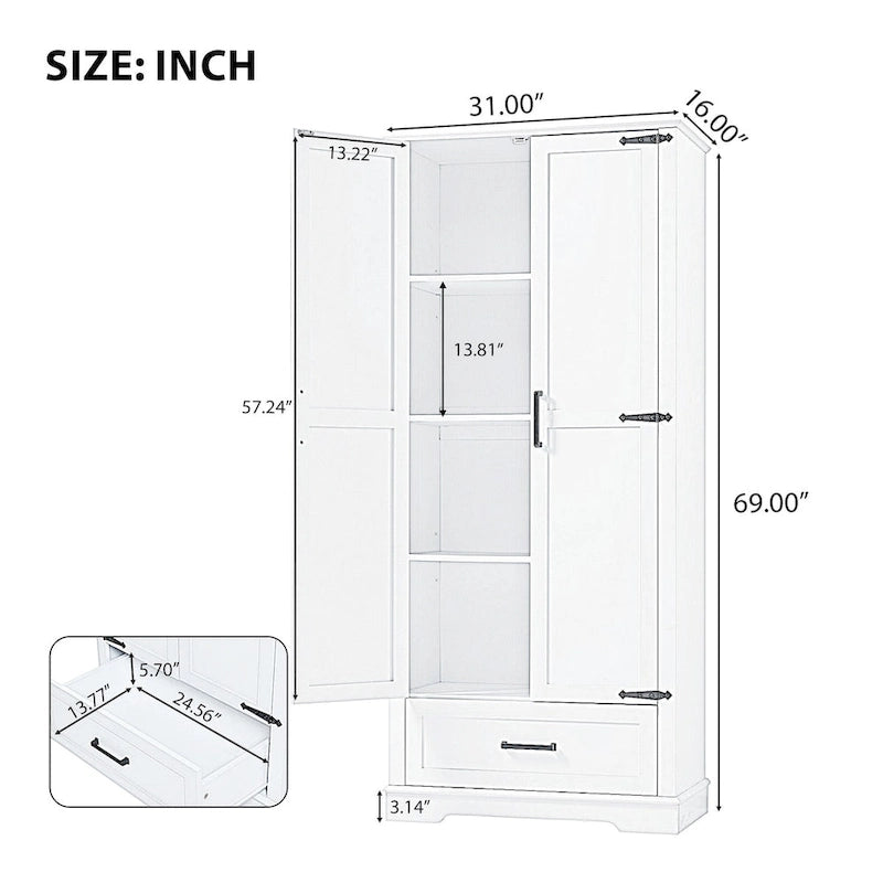 White Bathroom Storage Cabinet with 2 Doors 1 Drawer - Tall MDF Adjustable Shelf Organizer