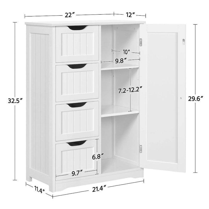 4-Tier Wooden Storage Cabinet 22"x12"x32.5" with Sliding Drawers & Adjustable Shelf - White Bathroom Floor Organizer