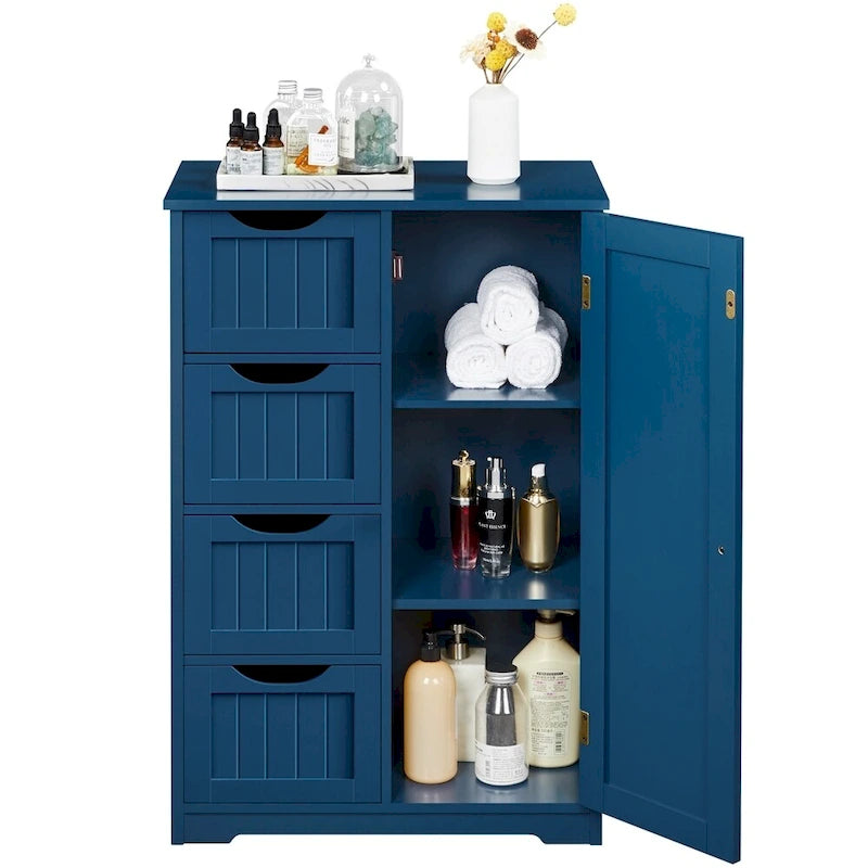 4-Tier Wooden Storage Cabinet 22"x12"x32.5" with Sliding Drawers & Adjustable Shelf - White Bathroom Floor Organizer