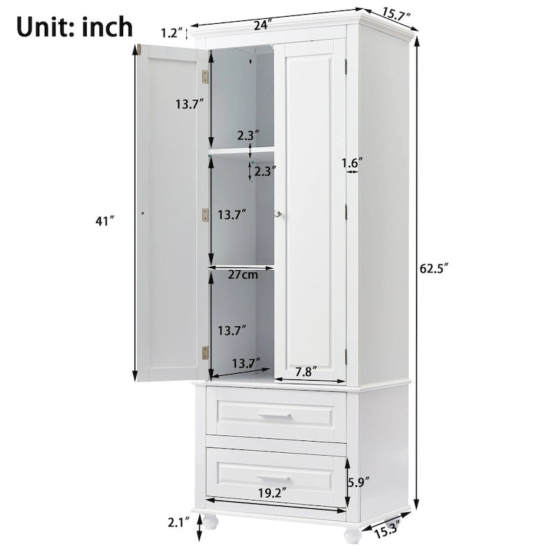 Tall Storage Cabinet with Two Drawers for Bathroom/Office - 24 x62.5