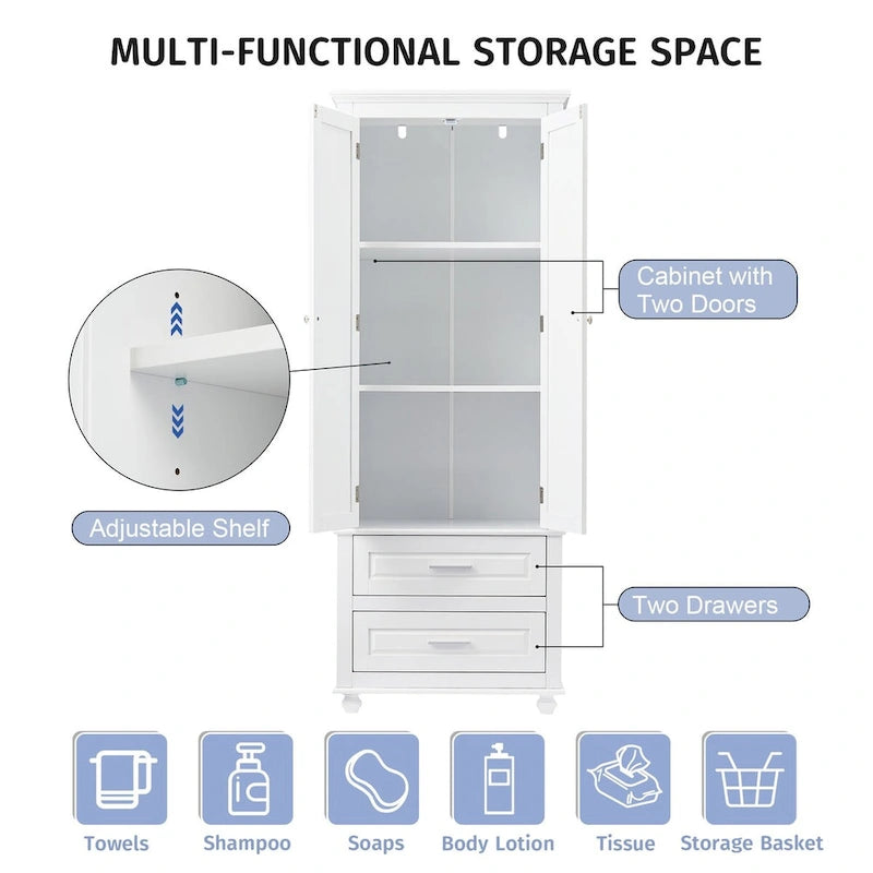Tall Storage Cabinet with Two Drawers for Bathroom/Office - 24 x62.5