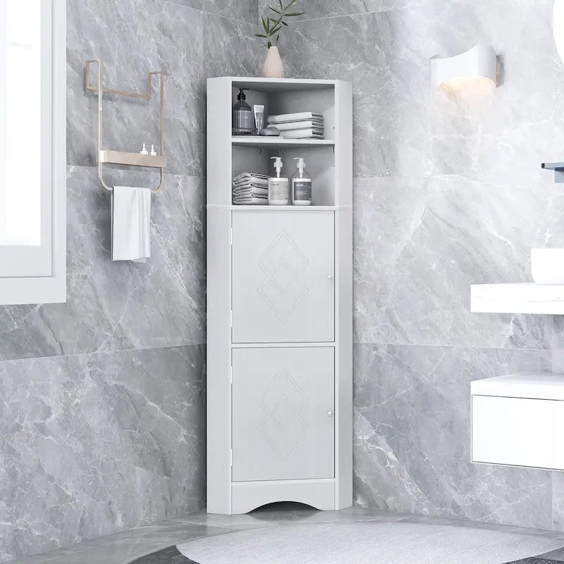 Freestanding Tall Bathroom Corner Cabinet 61" H x 14.96" W Triangle Storage Tower with Adjustable Shelves White