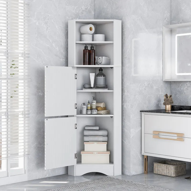Freestanding Tall Bathroom Corner Cabinet 61" H x 14.96" W Triangle Storage Tower with Adjustable Shelves White