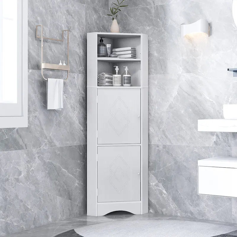Freestanding Tall Bathroom Corner Cabinet 61" H x 14.96" W Triangle Storage Tower with Adjustable Shelves White