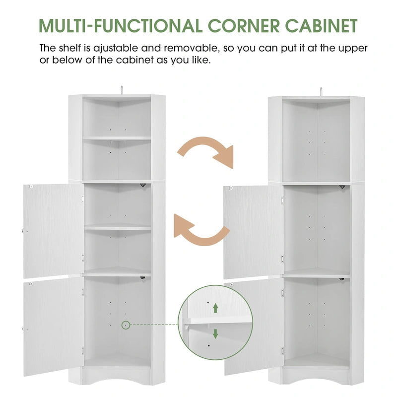 Freestanding Tall Bathroom Corner Cabinet 61" H x 14.96" W Triangle Storage Tower with Adjustable Shelves White