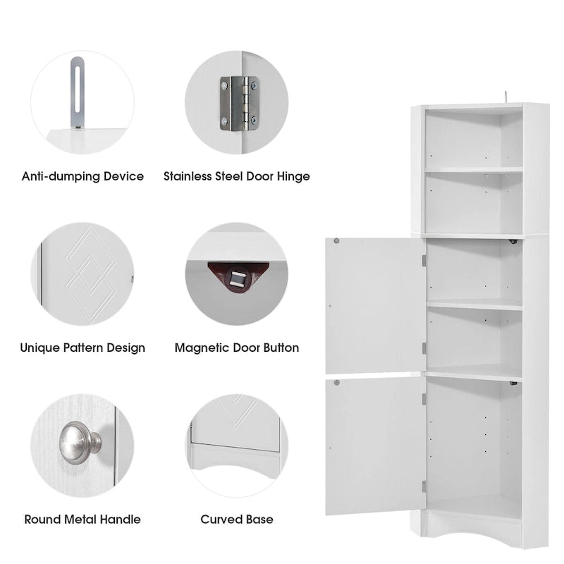 Freestanding Tall Bathroom Corner Cabinet 61" H x 14.96" W Triangle Storage Tower with Adjustable Shelves White