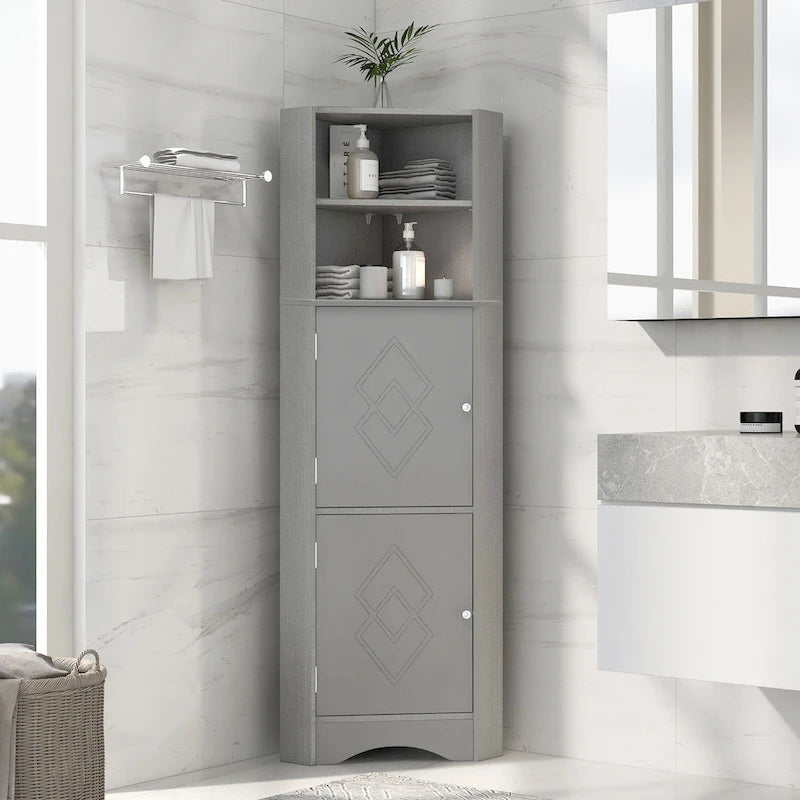 Freestanding Tall Bathroom Corner Cabinet 61" H x 14.96" W Triangle Storage Tower with Adjustable Shelves White