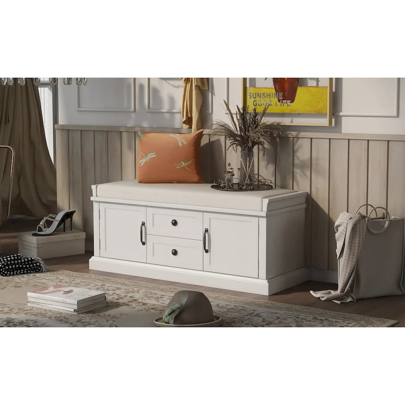 Storage Bench with 2 Drawers and 2 Cabinets, Shoe Bench with Removable Cushion for Living Room