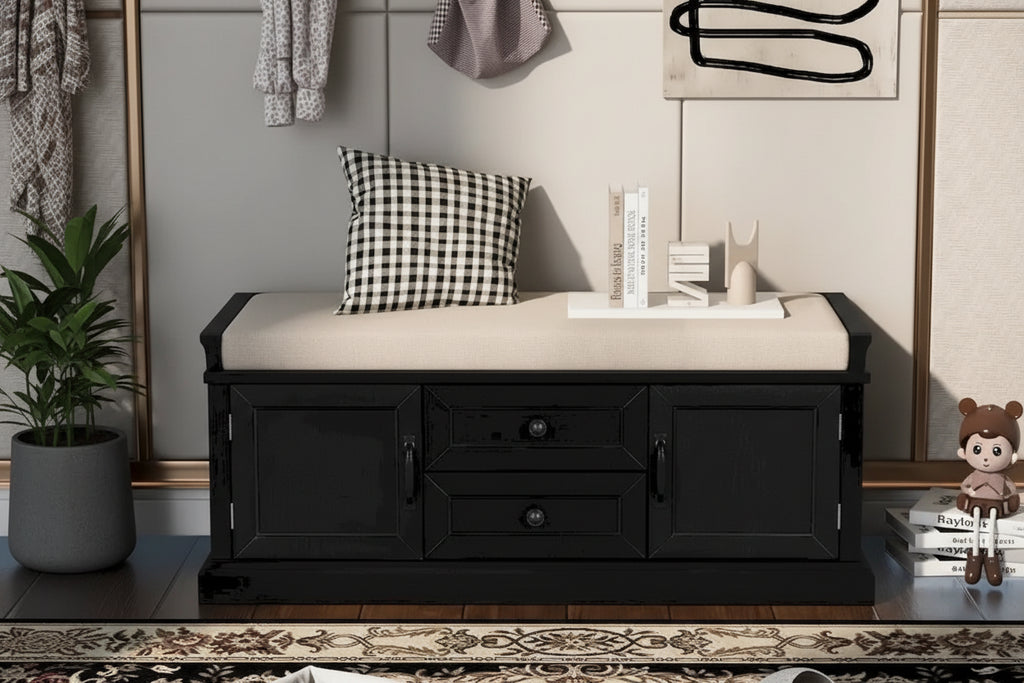Storage Bench with 2 Drawers and 2 Cabinets, Shoe Bench with Removable Cushion for Living Room