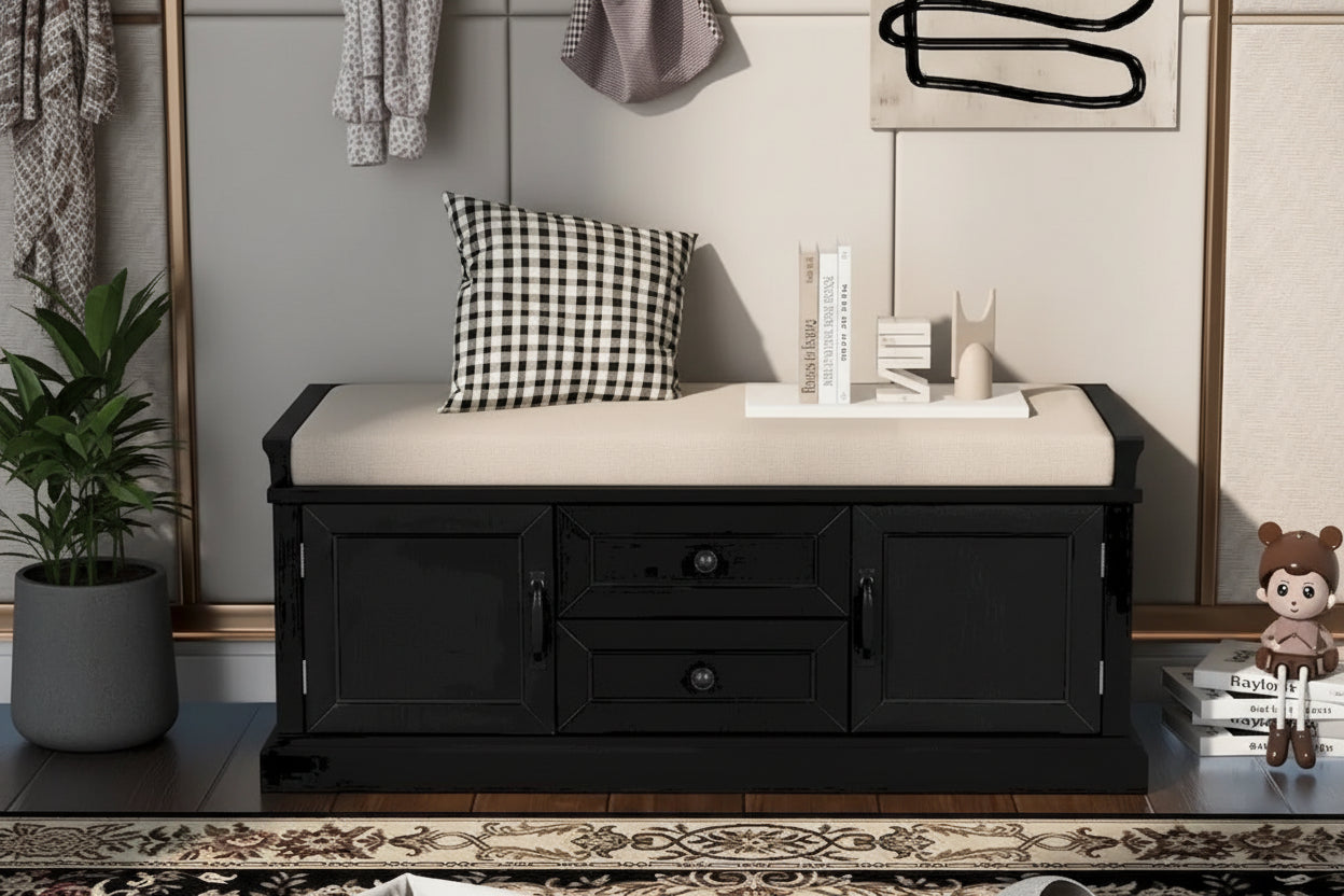 Storage Bench with 2 Drawers and 2 Cabinets, Shoe Bench with Removable Cushion for Living Room