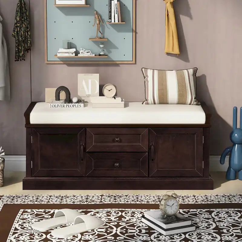 Storage Bench with 2 Drawers and 2 Cabinets, Shoe Bench with Removable Cushion for Living Room